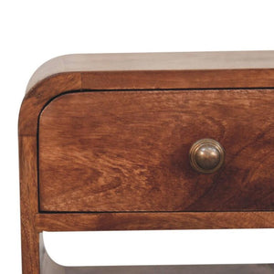 Mini Curved Bedside Table | Solid Mango Wood | Honey Caramel Finish | 1 Drawer Nightstand with Open Shelf