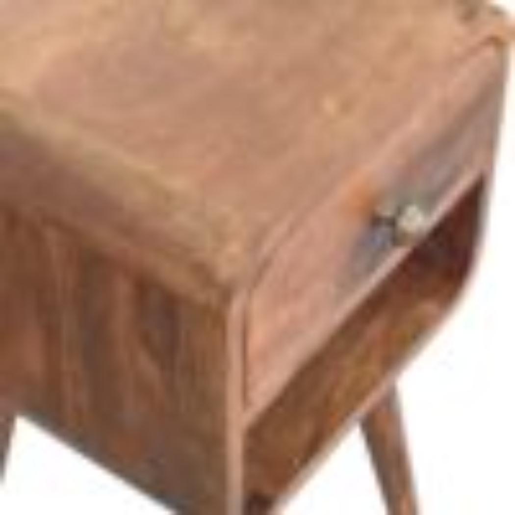 Mini Curved Bedside Table | Solid Mango Wood | Honey Caramel Finish | 1 Drawer Nightstand with Open Shelf