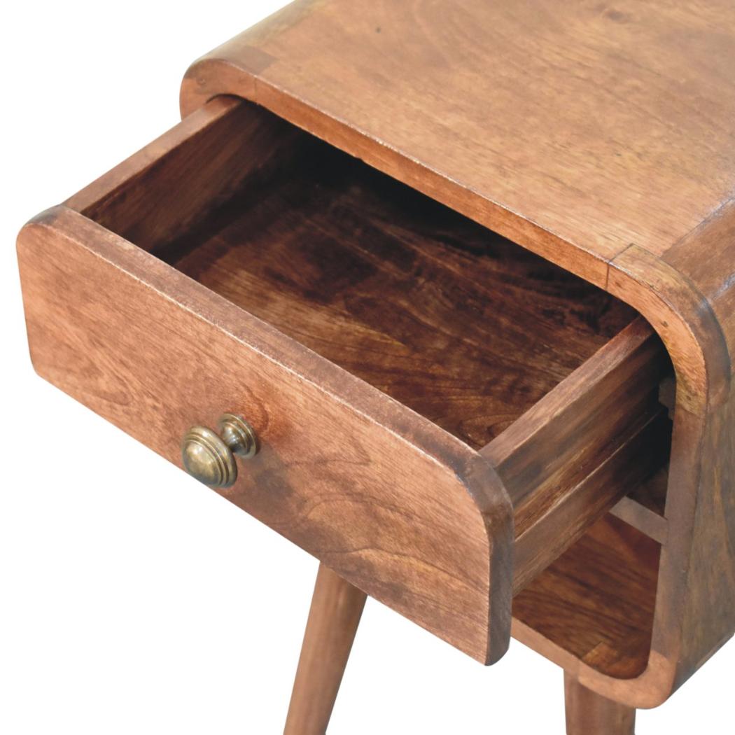 Mini Curved Bedside Table | Solid Mango Wood | Honey Caramel Finish | 1 Drawer Nightstand with Open Shelf