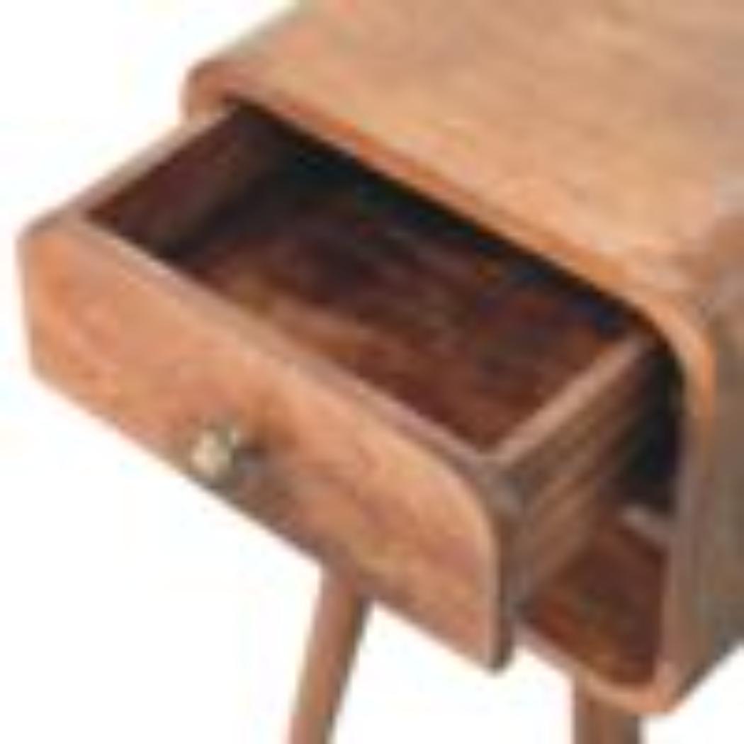 Mini Curved Bedside Table | Solid Mango Wood | Honey Caramel Finish | 1 Drawer Nightstand with Open Shelf