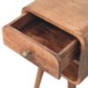 Mini Curved Bedside Table | Solid Mango Wood | Honey Caramel Finish | 1 Drawer Nightstand with Open Shelf