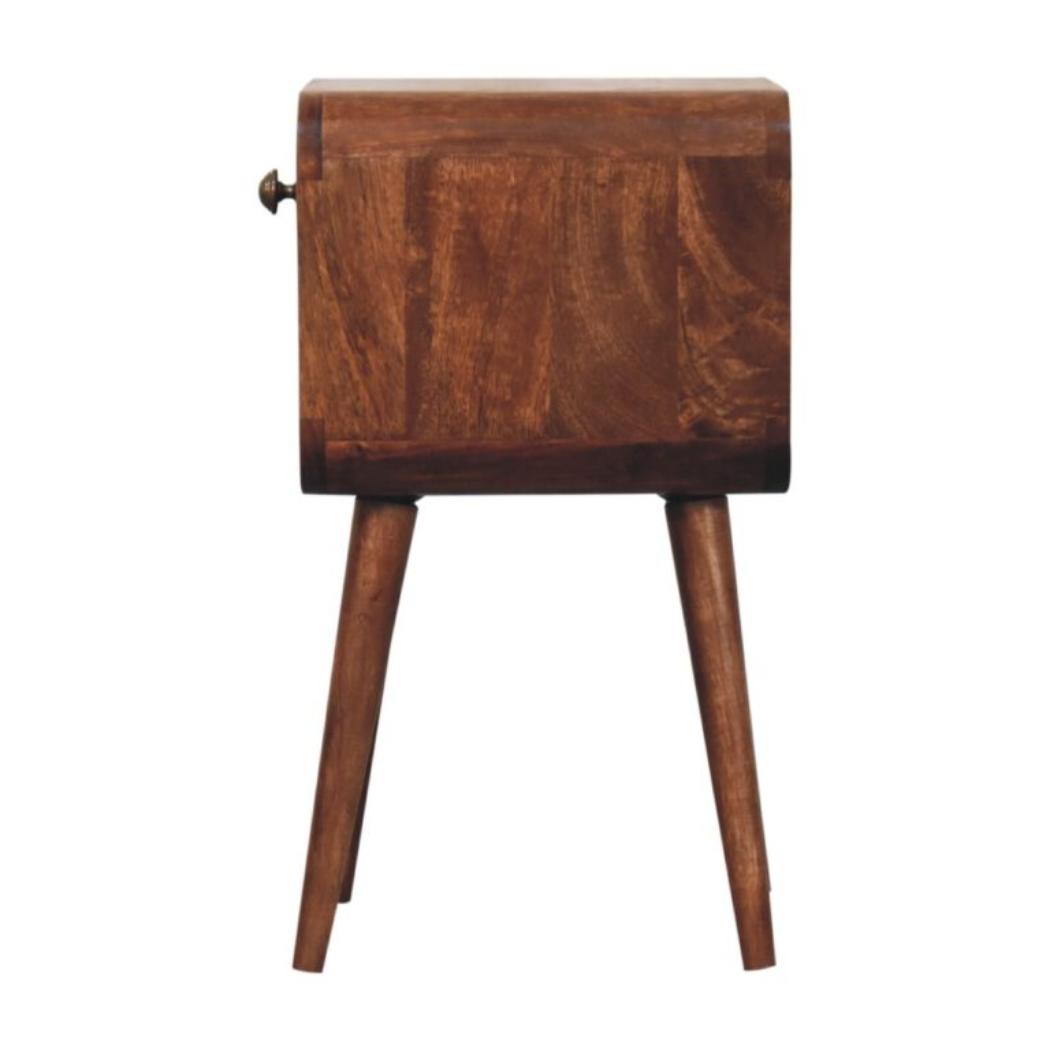 Mini Curved Bedside Table | Solid Mango Wood | Honey Caramel Finish | 1 Drawer Nightstand with Open Shelf