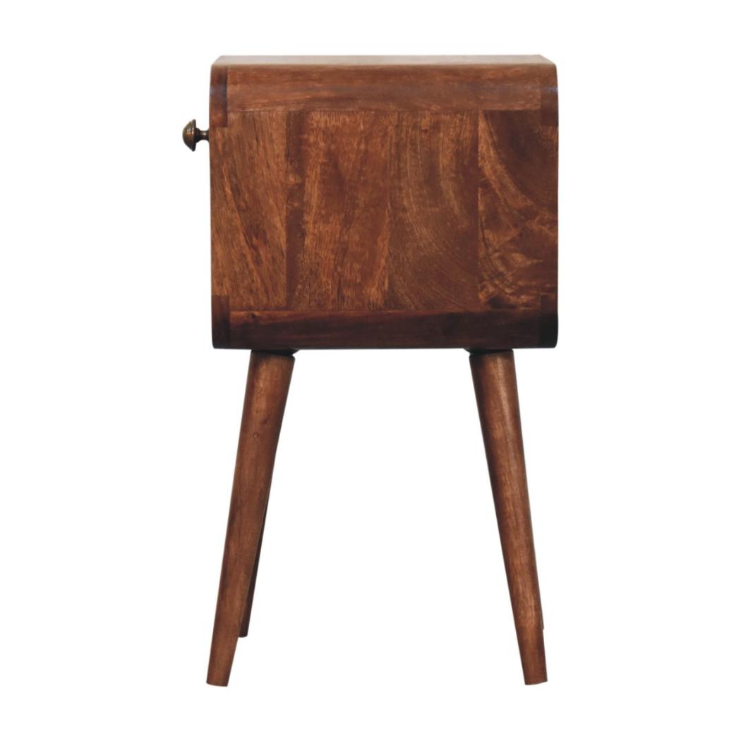 Mini Curved Bedside Table | Solid Mango Wood | Honey Caramel Finish | 1 Drawer Nightstand with Open Shelf