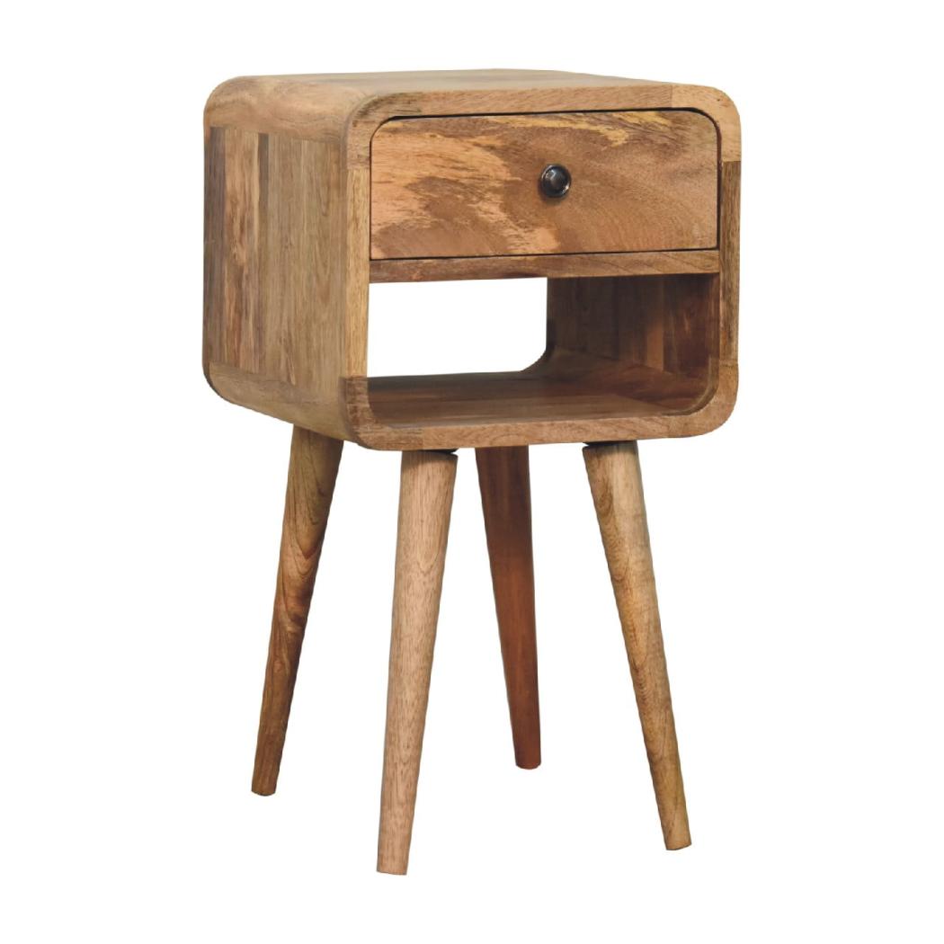 Mini Curved Low Bedside Table | Solid Mango Wood | Oak-Inspired Finish | Compact Nightstand