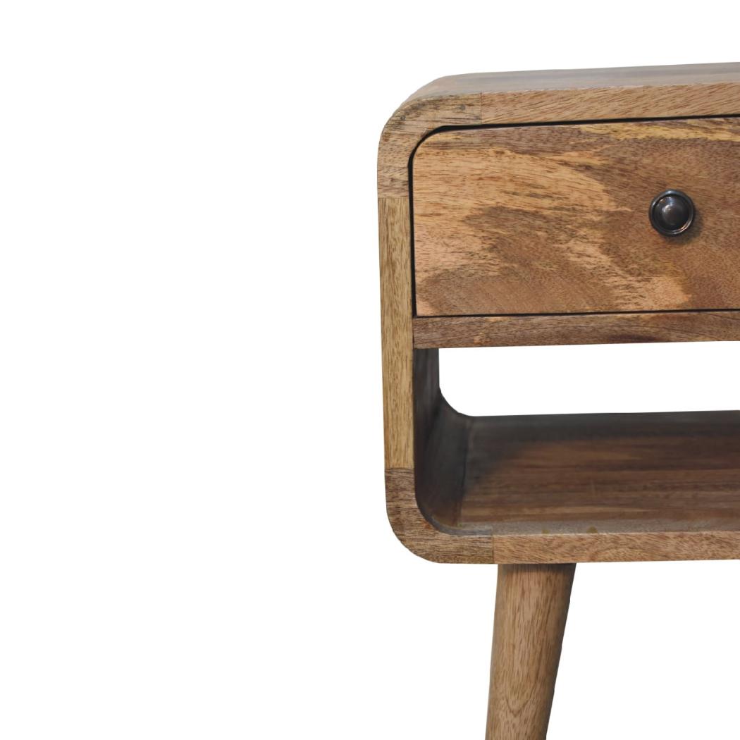 Mini Curved Low Bedside Table | Solid Mango Wood | Oak-Inspired Finish | Compact Nightstand