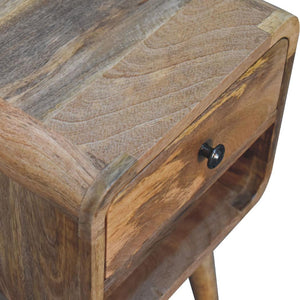 Mini Curved Low Bedside Table | Solid Mango Wood | Oak-Inspired Finish | Compact Nightstand