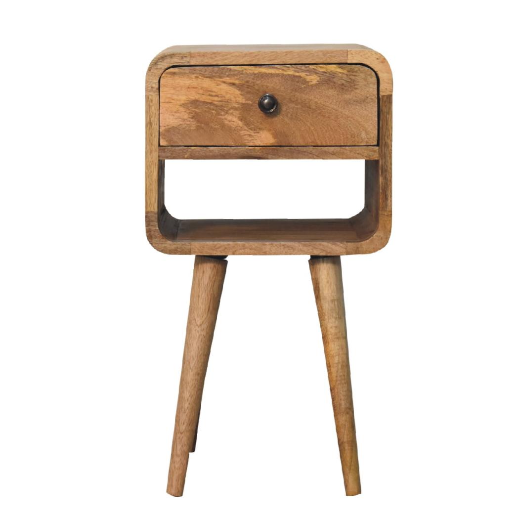 Mini Curved Low Bedside Table | Solid Mango Wood | Oak-Inspired Finish | Compact Nightstand