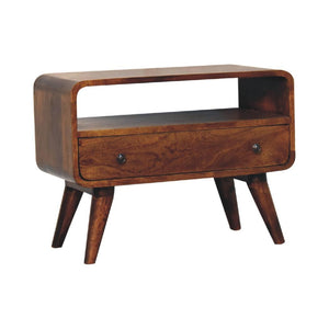 Mini Curved Media Unit | Solid Mango Wood | Chestnut Finish | 1 Drawer & Open Shelf