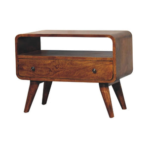 Mini Curved Media Unit | Solid Mango Wood | Chestnut Finish | 1 Drawer & Open Shelf