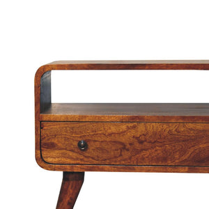 Mini Curved Media Unit | Solid Mango Wood | Chestnut Finish | 1 Drawer & Open Shelf