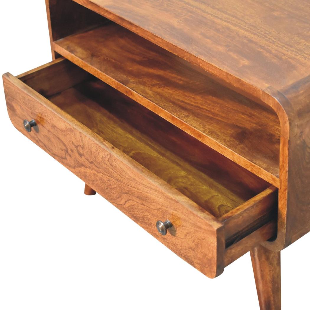 Mini Curved Media Unit | Solid Mango Wood | Chestnut Finish | 1 Drawer & Open Shelf