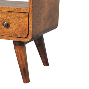Mini Curved Media Unit | Solid Mango Wood | Chestnut Finish | 1 Drawer & Open Shelf