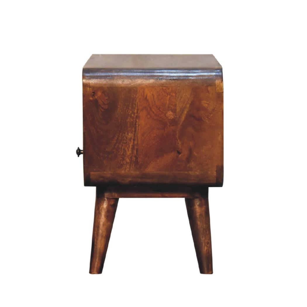 Mini Curved Media Unit | Solid Mango Wood | Chestnut Finish | 1 Drawer & Open Shelf