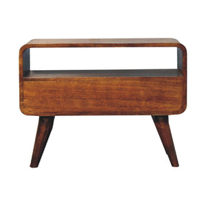 Mini Curved Media Unit | Solid Mango Wood | Chestnut Finish | 1 Drawer & Open Shelf