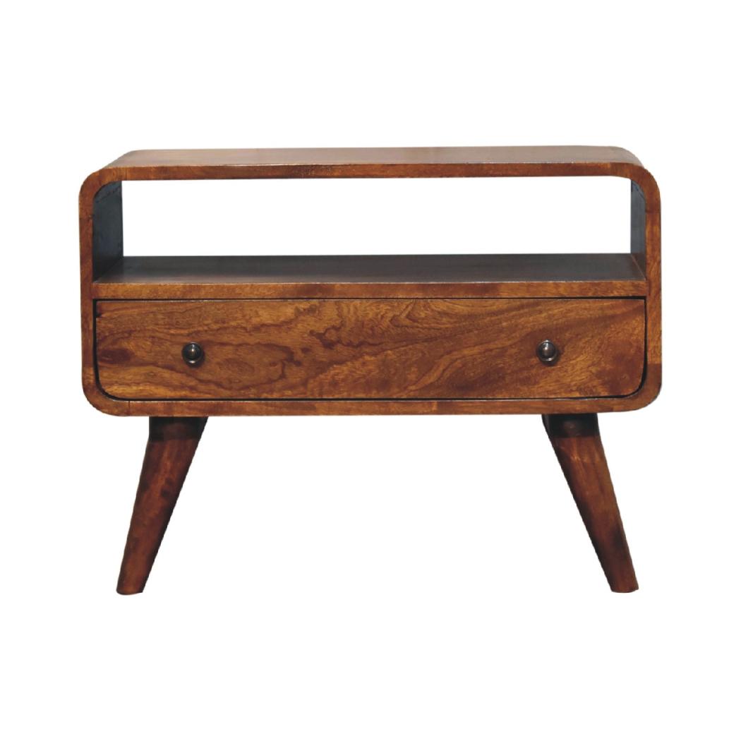 Mini Curved Media Unit | Solid Mango Wood | Chestnut Finish | 1 Drawer & Open Shelf