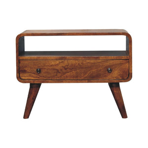 Mini Curved Media Unit | Solid Mango Wood | Chestnut Finish | 1 Drawer & Open Shelf
