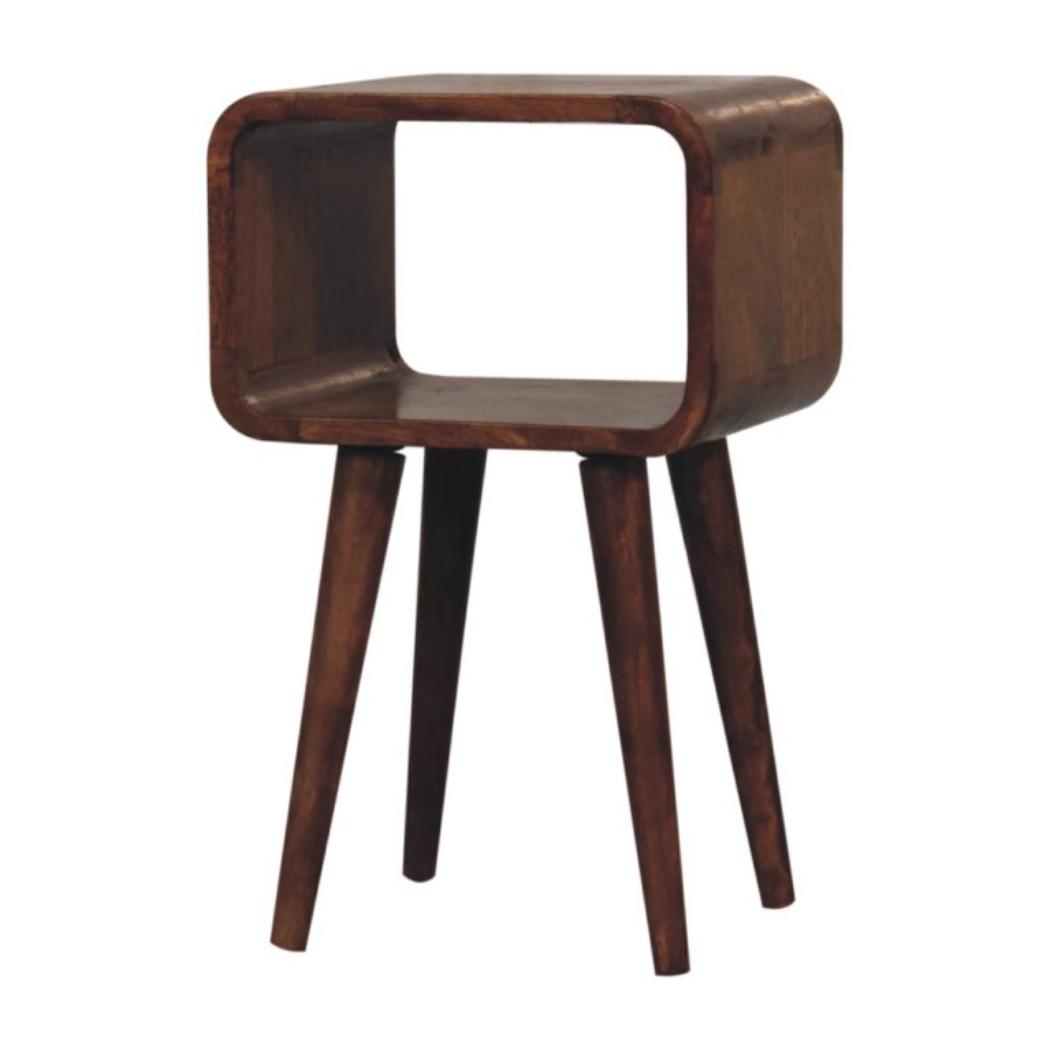 Mini Curved Open Bedside Table | Solid Mango Wood | Honey Caramel Finish | Compact Nightstand