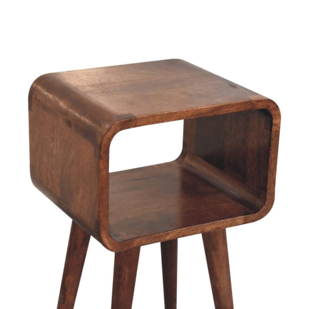 Mini Curved Open Bedside Table | Solid Mango Wood | Honey Caramel Finish | Compact Nightstand