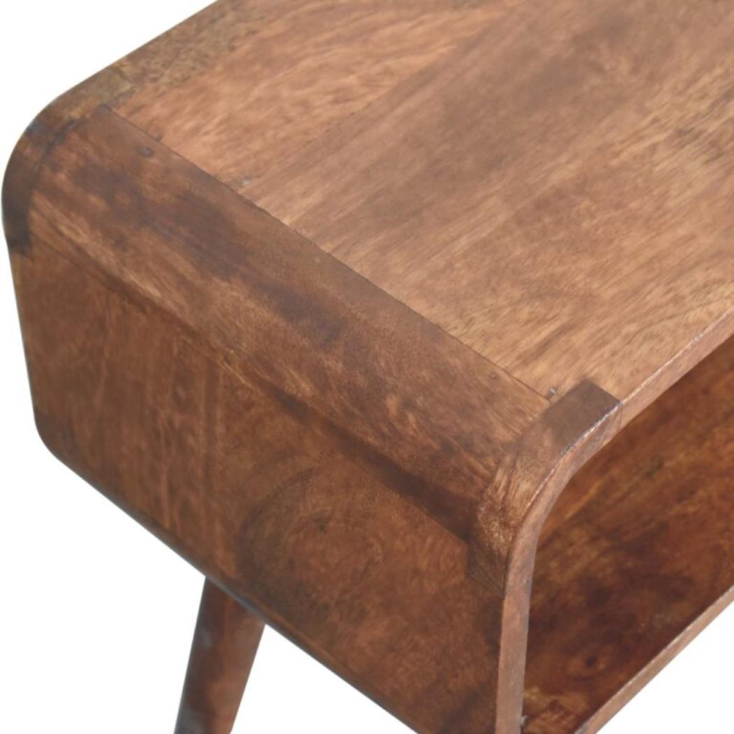 Mini Curved Open Bedside Table | Solid Mango Wood | Honey Caramel Finish | Compact Nightstand