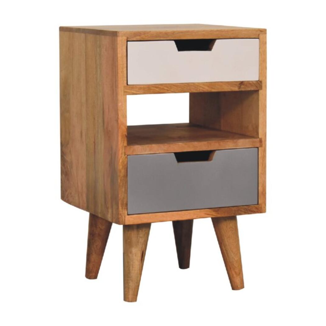 Mini Cut-Out Bedside Table | Grey & White Finish | Compact Bedroom Storage
