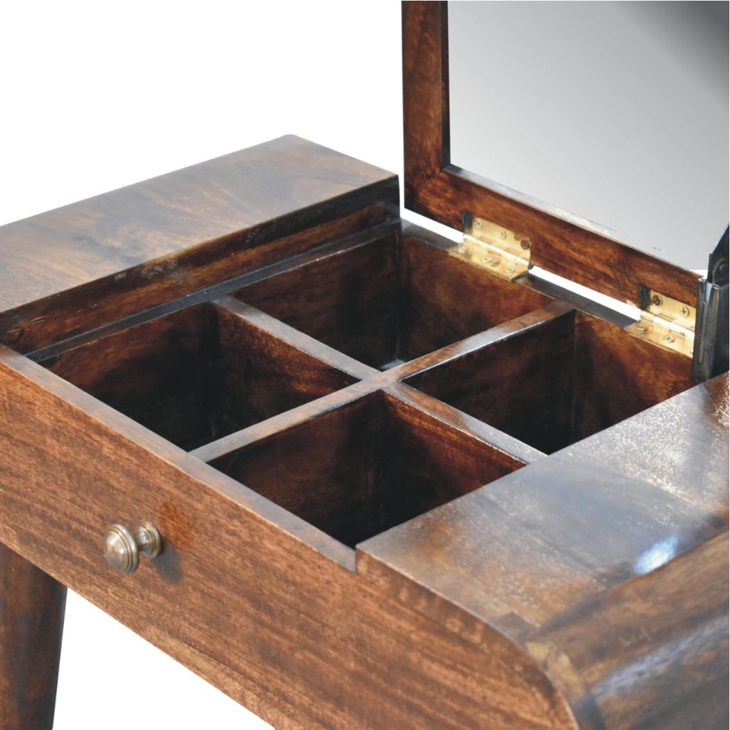 Mini Dressing Table | Solid Mango Wood | California Walnut Finish | Folding Mirror