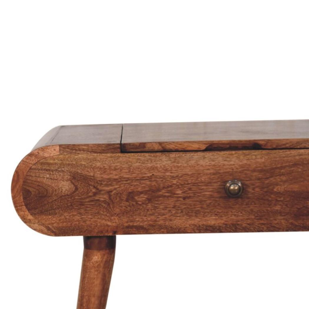 Mini Dressing Table | Solid Mango Wood | Honey Caramel Finish | Foldable Mirror & Storage Drawer