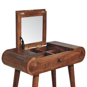 Mini Dressing Table | Solid Mango Wood | Honey Caramel Finish | Foldable Mirror & Storage Drawer