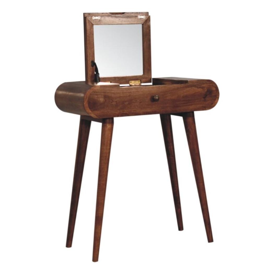 Mini Dressing Table | Solid Mango Wood | Honey Caramel Finish | Foldable Mirror & Storage Drawer