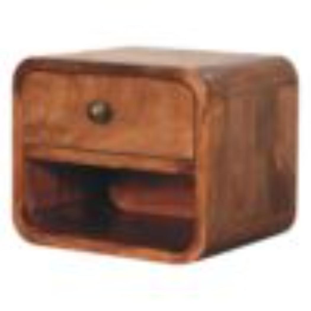 Mini Floating Bedside Table | Solid Mango Wood | Honey Caramel Finish | Wall Mounted with Drawer & Open Shelf
