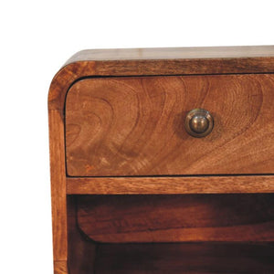 Mini Floating Bedside Table | Solid Mango Wood | Honey Caramel Finish | Wall Mounted with Drawer & Open Shelf