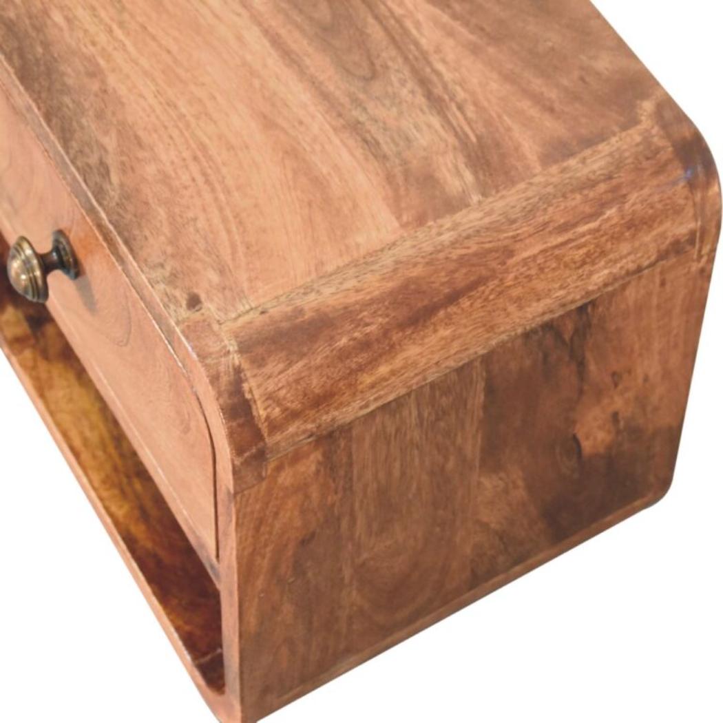 Mini Floating Bedside Table | Solid Mango Wood | Honey Caramel Finish | Wall Mounted with Drawer & Open Shelf