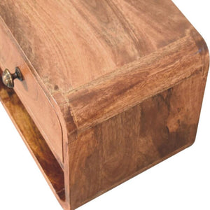 Mini Floating Bedside Table | Solid Mango Wood | Honey Caramel Finish | Wall Mounted with Drawer & Open Shelf