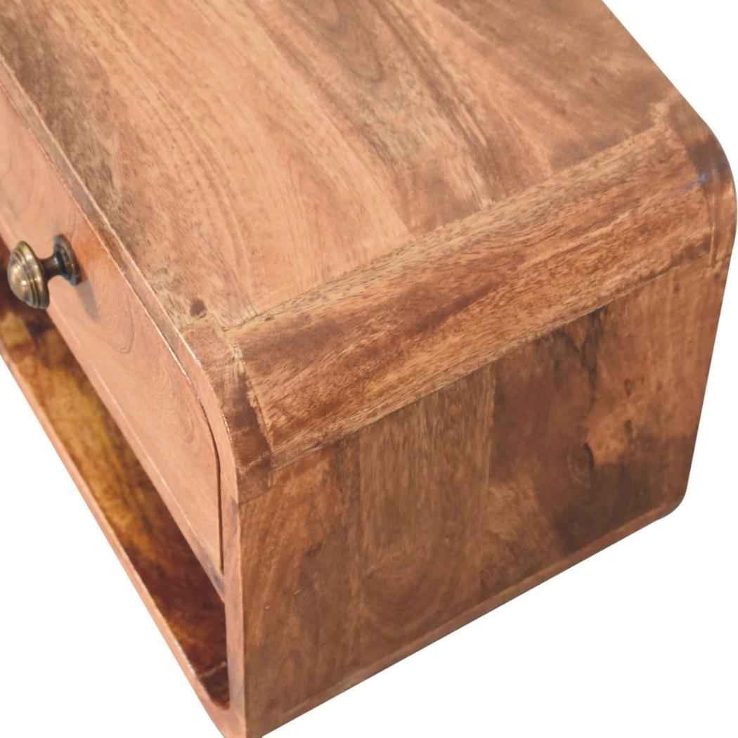 Mini Floating Bedside Table | Solid Mango Wood | Honey Caramel Finish | Wall Mounted with Drawer & Open Shelf