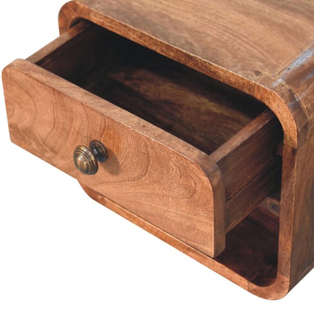 Mini Floating Bedside Table | Solid Mango Wood | Honey Caramel Finish | Wall Mounted with Drawer & Open Shelf