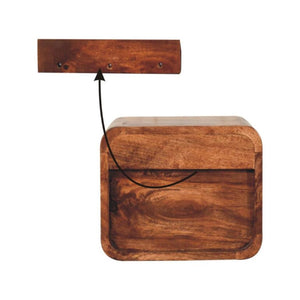 Mini Floating Bedside Table | Solid Mango Wood | Honey Caramel Finish | Wall Mounted with Drawer & Open Shelf