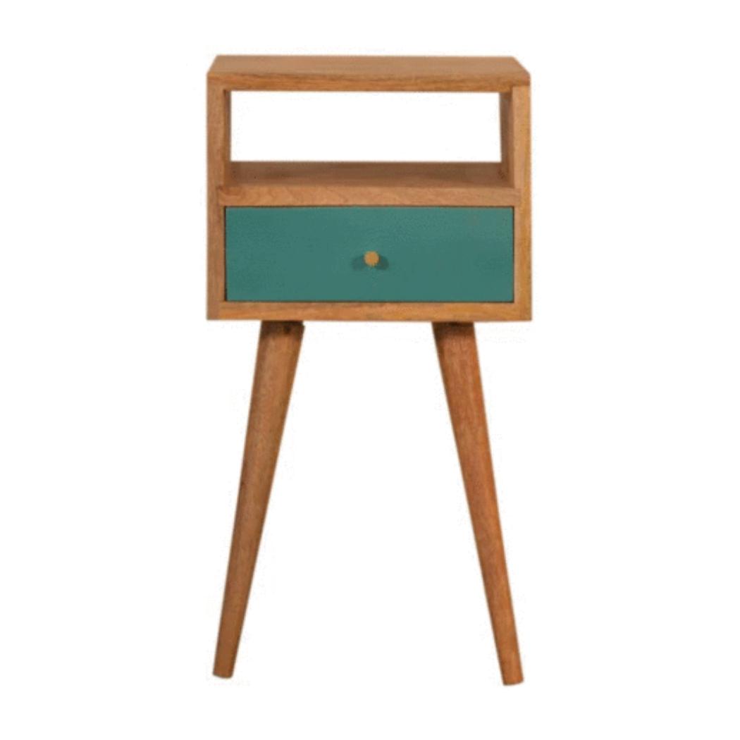 Mini Hand-Painted Bedside Table | Solid Mango Wood | Teal Finish | Single Drawer Storage