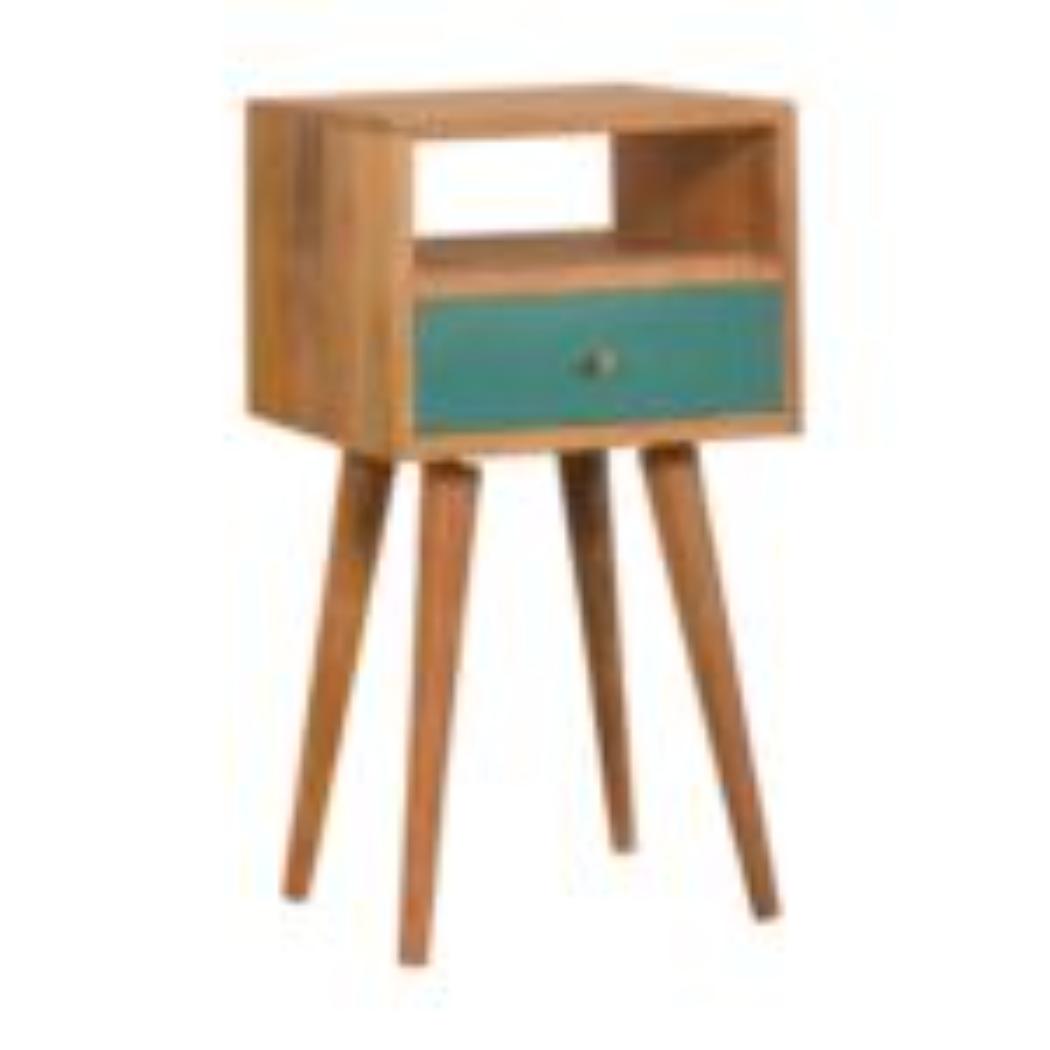 Mini Hand-Painted Bedside Table | Solid Mango Wood | Teal Finish | Single Drawer Storage