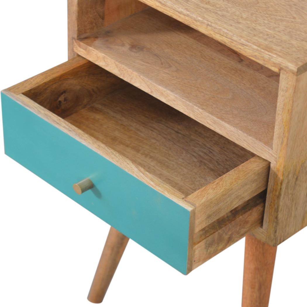 Mini Hand-Painted Bedside Table | Solid Mango Wood | Teal Finish | Single Drawer Storage