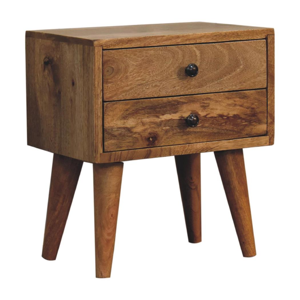 Mini Modern Bedside Table | Solid Mango Wood | Oak Finish | 2 Drawer Nightstand