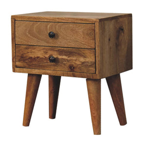 Mini Modern Bedside Table | Solid Mango Wood | Oak Finish | 2 Drawer Nightstand