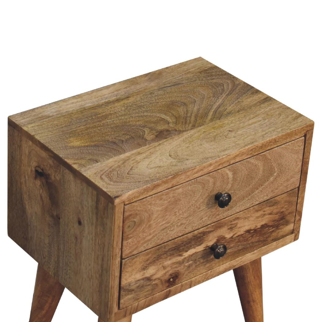 Mini Modern Bedside Table | Solid Mango Wood | Oak Finish | 2 Drawer Nightstand