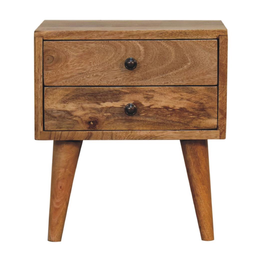 Mini Modern Bedside Table | Solid Mango Wood | Oak Finish | 2 Drawer Nightstand