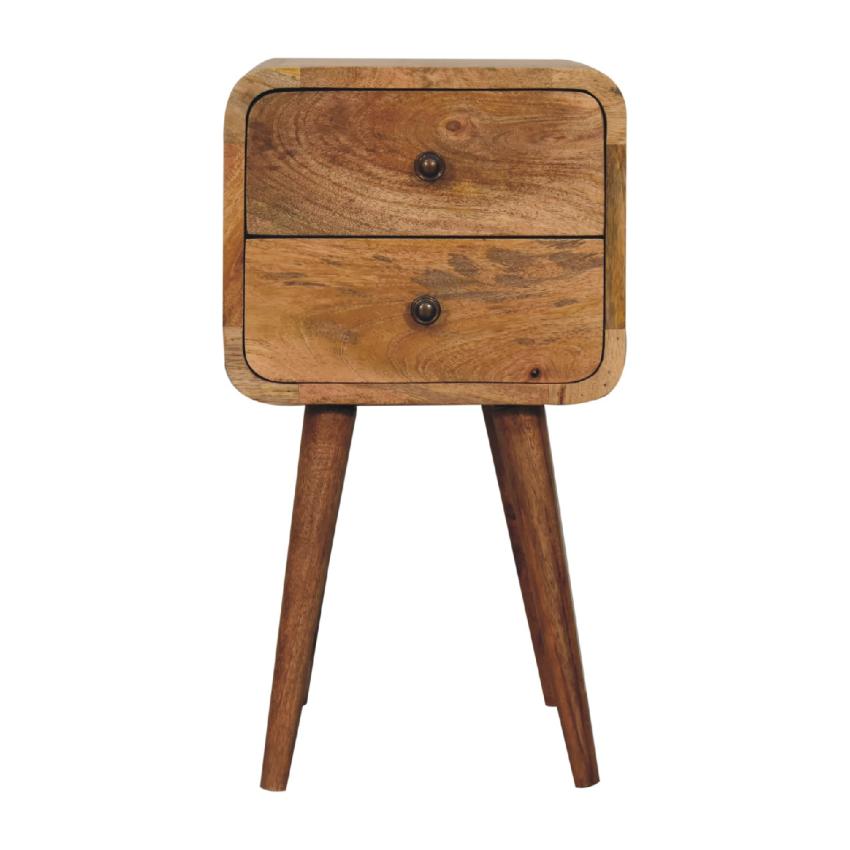 Mini Oak-ish Curved Bedside Table | Solid Mango Wood | 2 Drawer