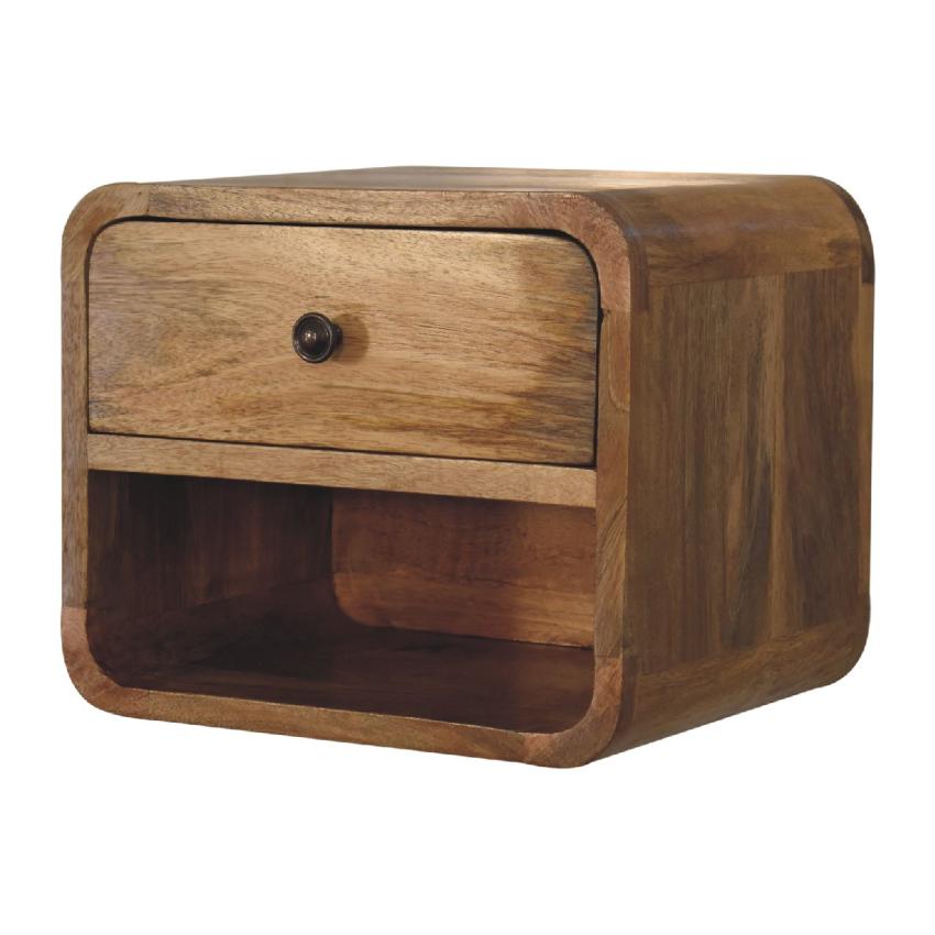 Mini Oak-ish Floating Open Bedside | Solid Mango Wood | Open Shelf
