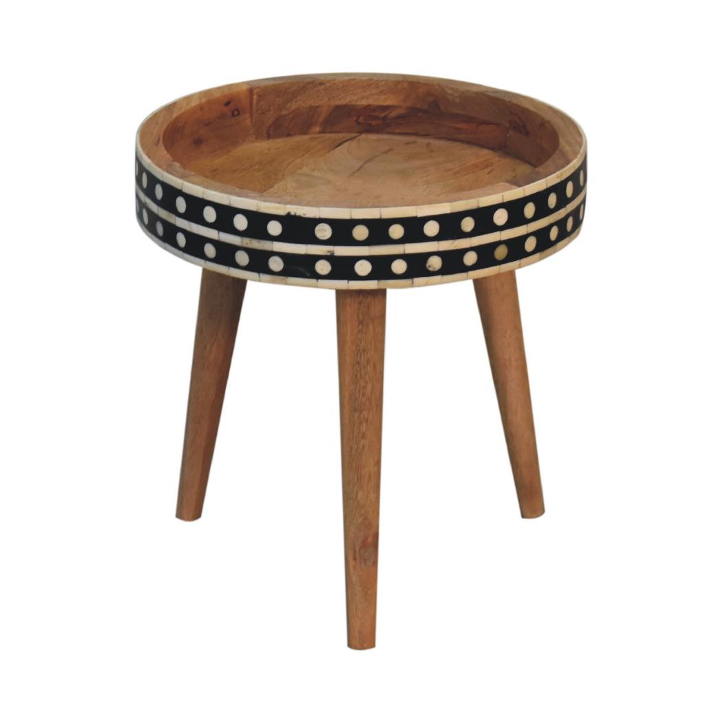 Mini Pattern Nordic End Table | Solid Mango Wood | Light Oak Finish | Bone Inlay Edge