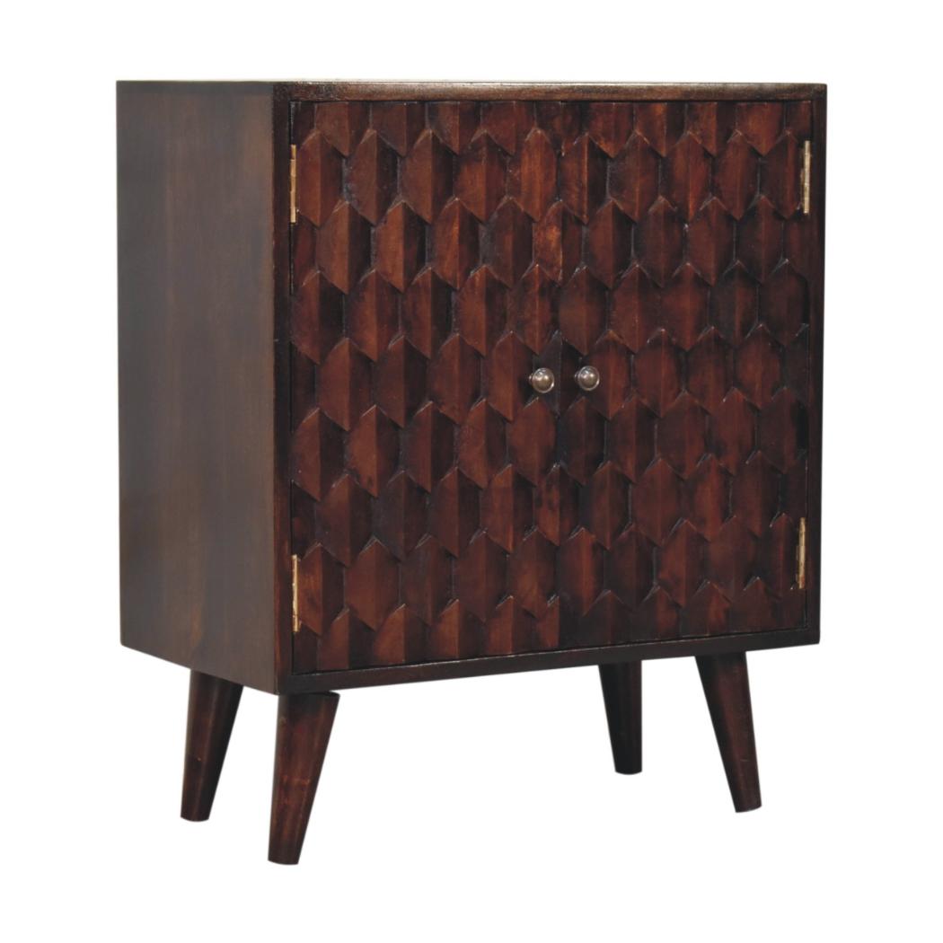 Mini Pineapple-Carved Cabinet | Walnut Finish | Compact Storage