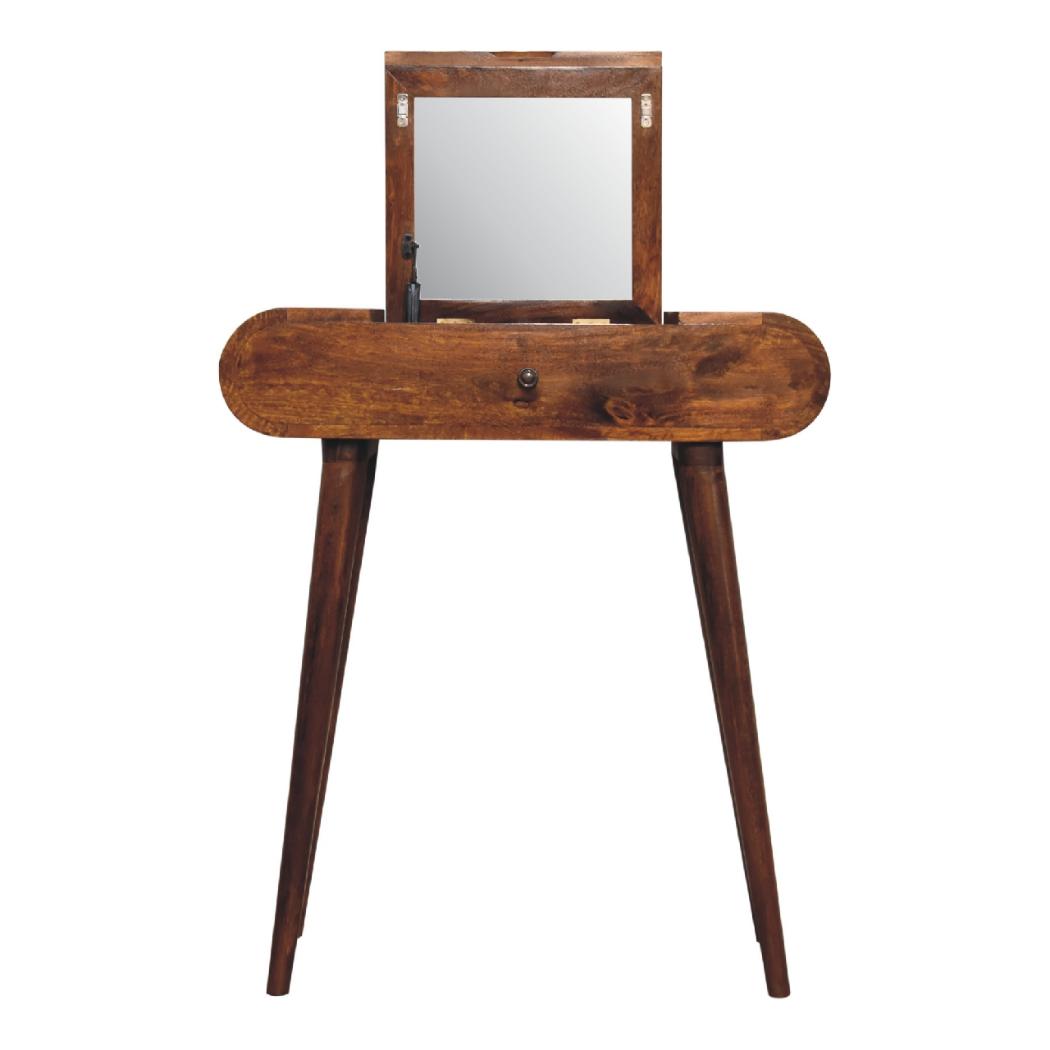Mini Round Fold Vanity Table | Chestnut Finish | Space-Saving Mirror Design