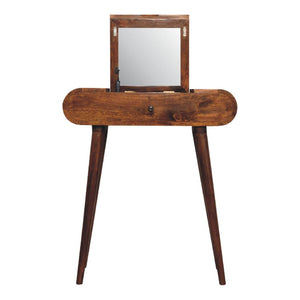 Mini Round Fold Vanity Table | Chestnut Finish | Space-Saving Mirror Design
