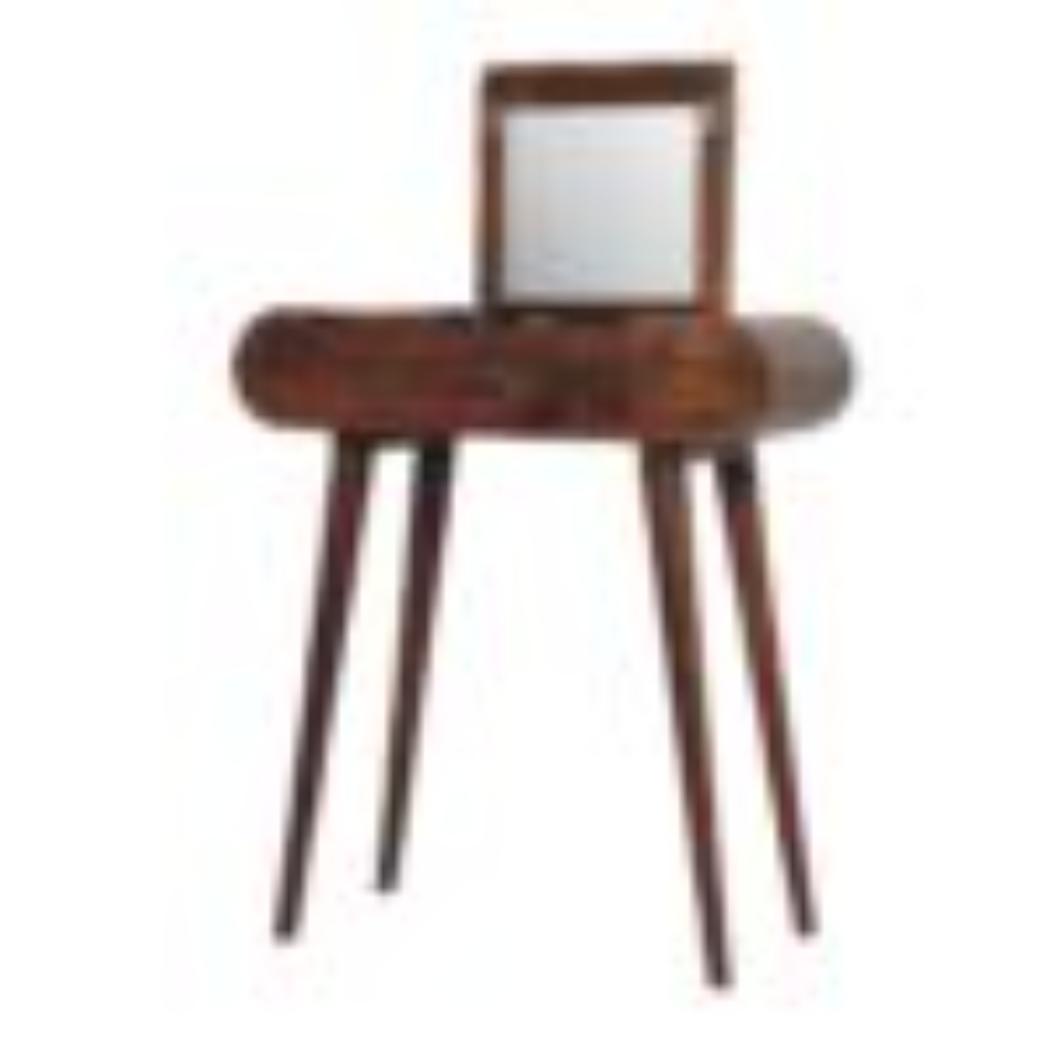 Mini Round Fold Vanity Table | Chestnut Finish | Space-Saving Mirror Design