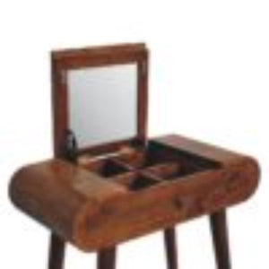 Mini Round Fold Vanity Table | Chestnut Finish | Space-Saving Mirror Design